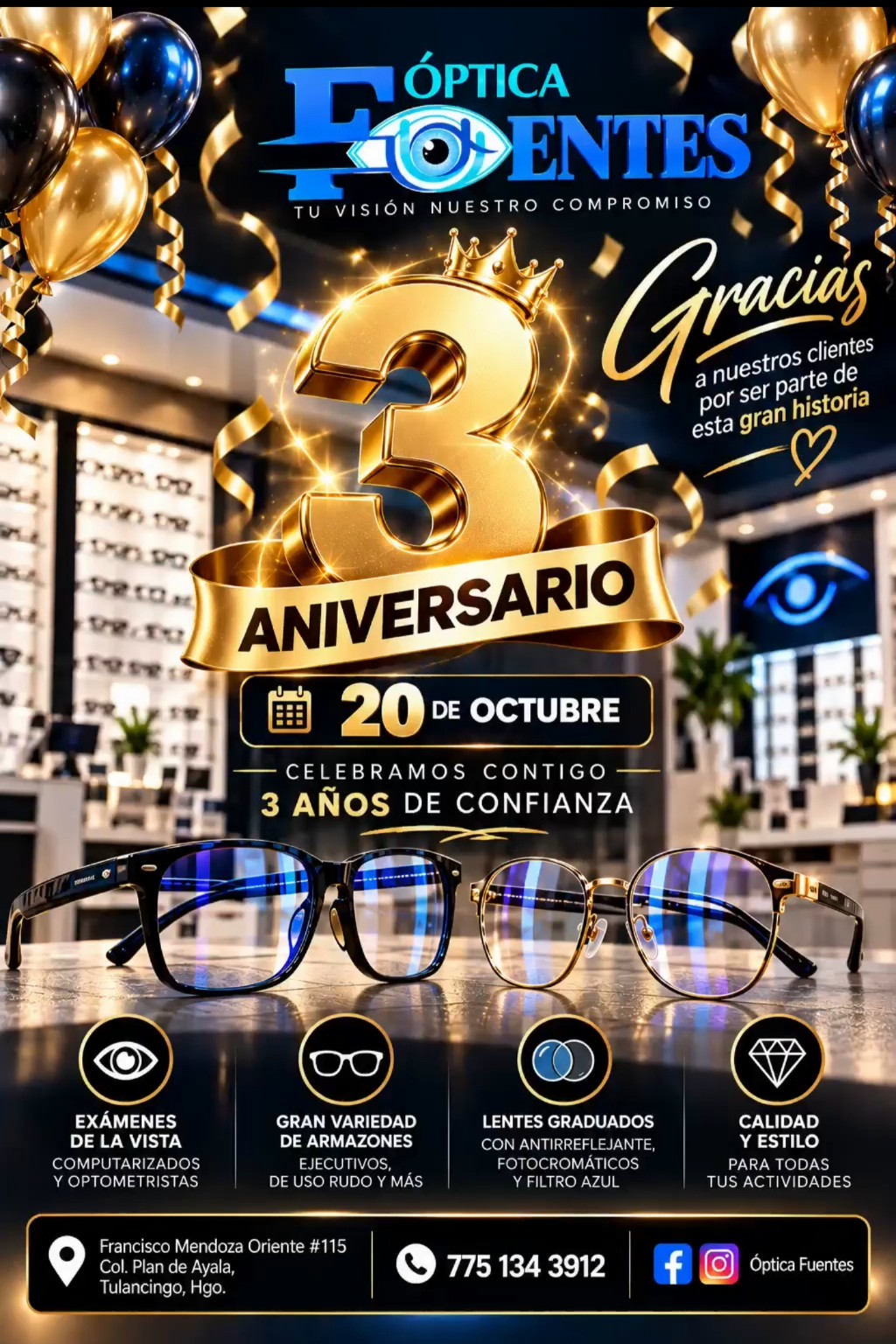 Cartel oficial del tercer aniversario de Óptica Fuentes, 20 de octubre